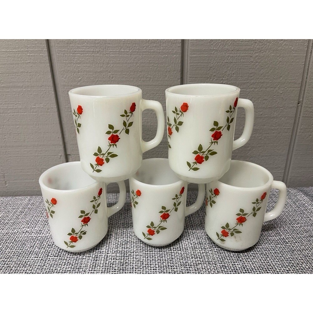 Vintage Anchor Hocking Milk Glass Red Rose Coffee Mugs Set of 5 USA